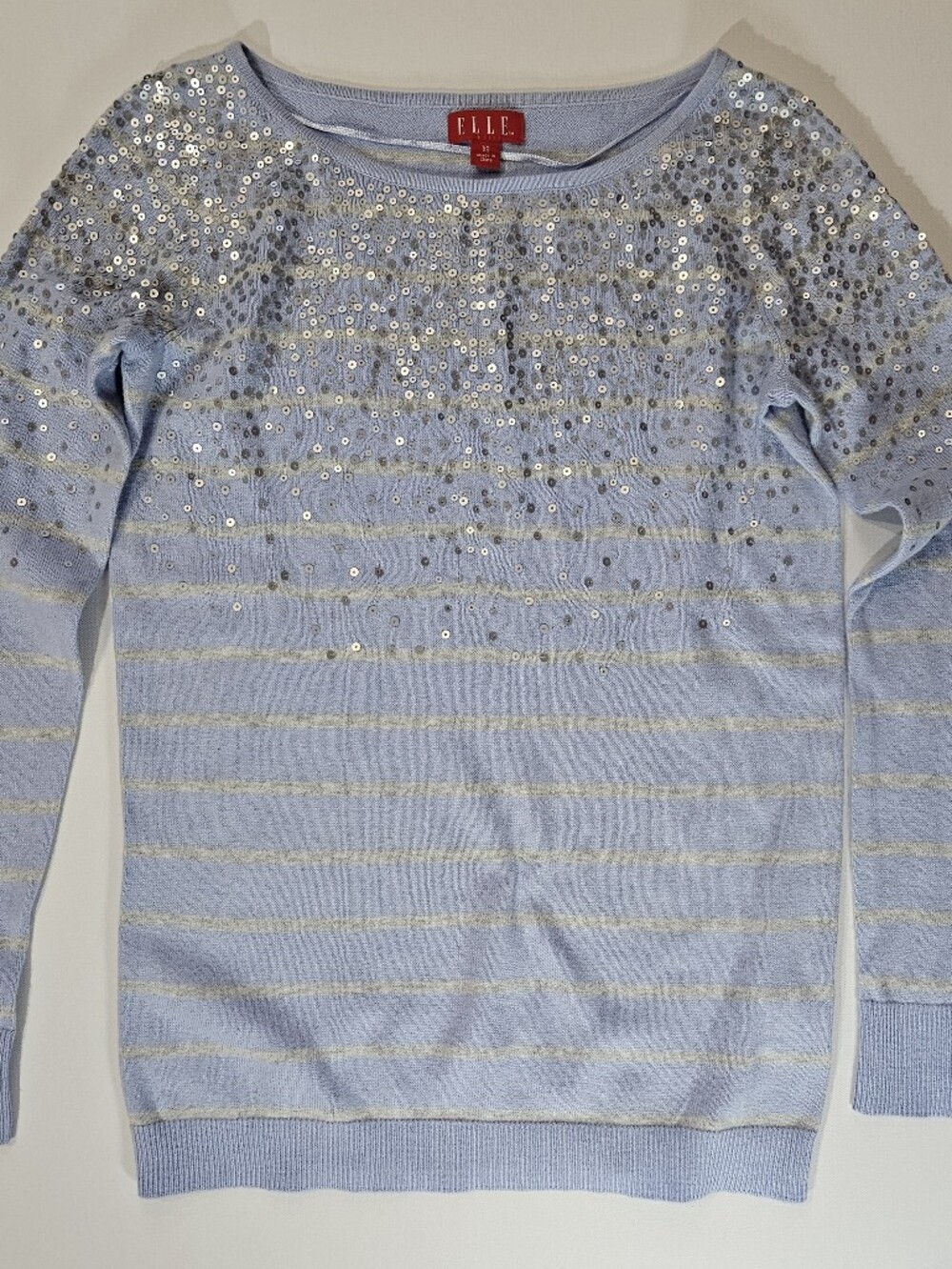 Elle Sweater Womens XS Blue Grey Stripe Sequined‎ Cottagecore Silver Sparkle
